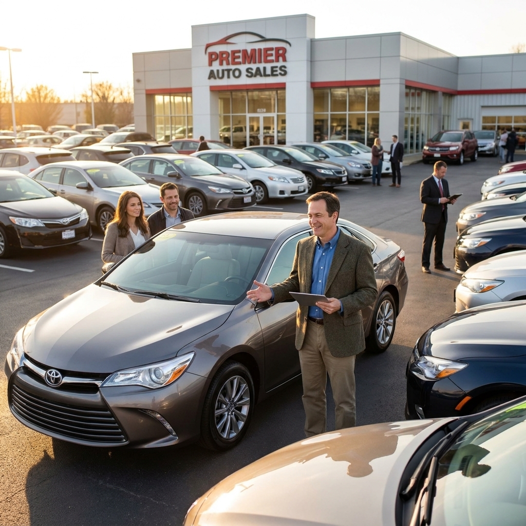 A dealership parking lot with rows of used cars and a large showroom building in the background near sunset on a busy sales day