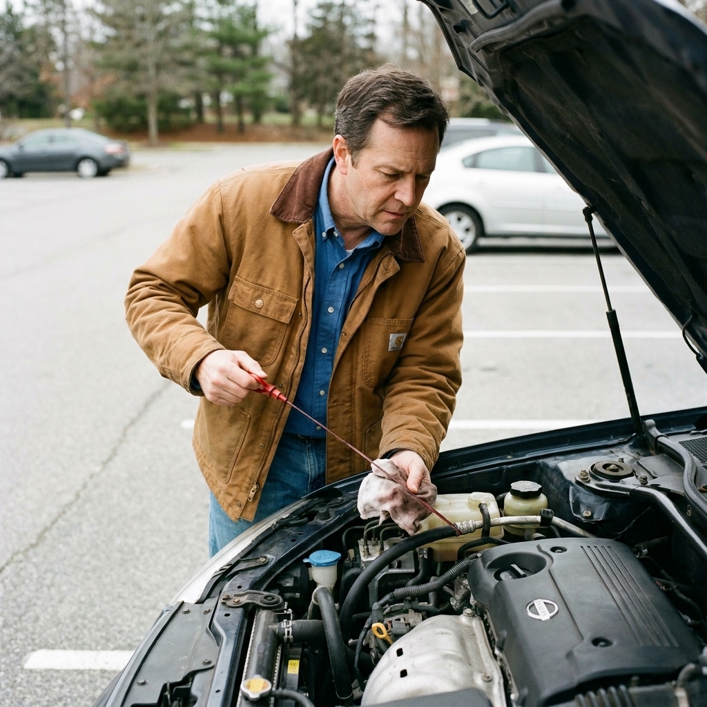 A driver checking an automatic transmission dipstick with the hood open in a parking lot