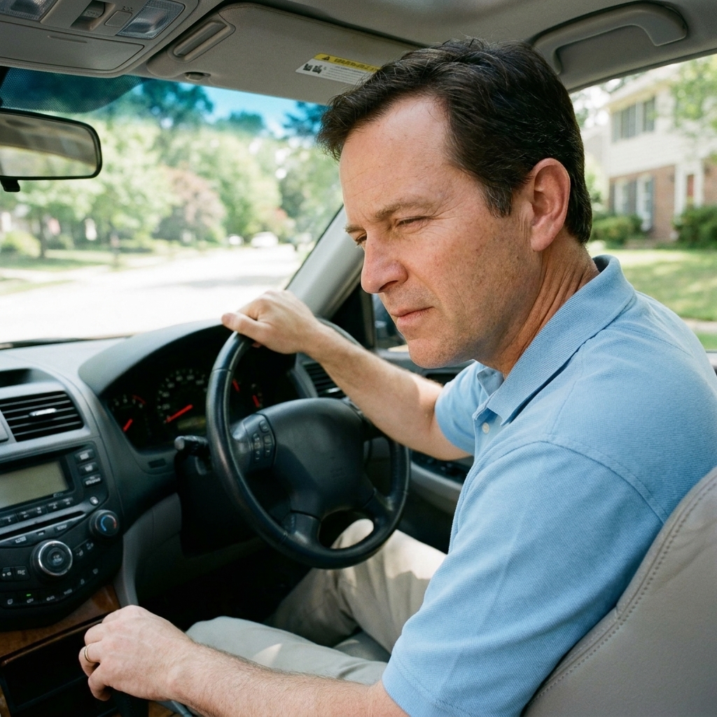 A driver lightly turning the steering wheel on a suburban road during a test drive to listen for humming or growling noises