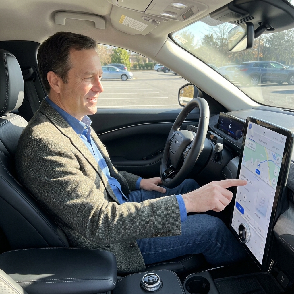 A driver sitting in a Ford Mustang Mach-E tapping the center touchscreen menus while the vehicle is parked in a lot during daytime