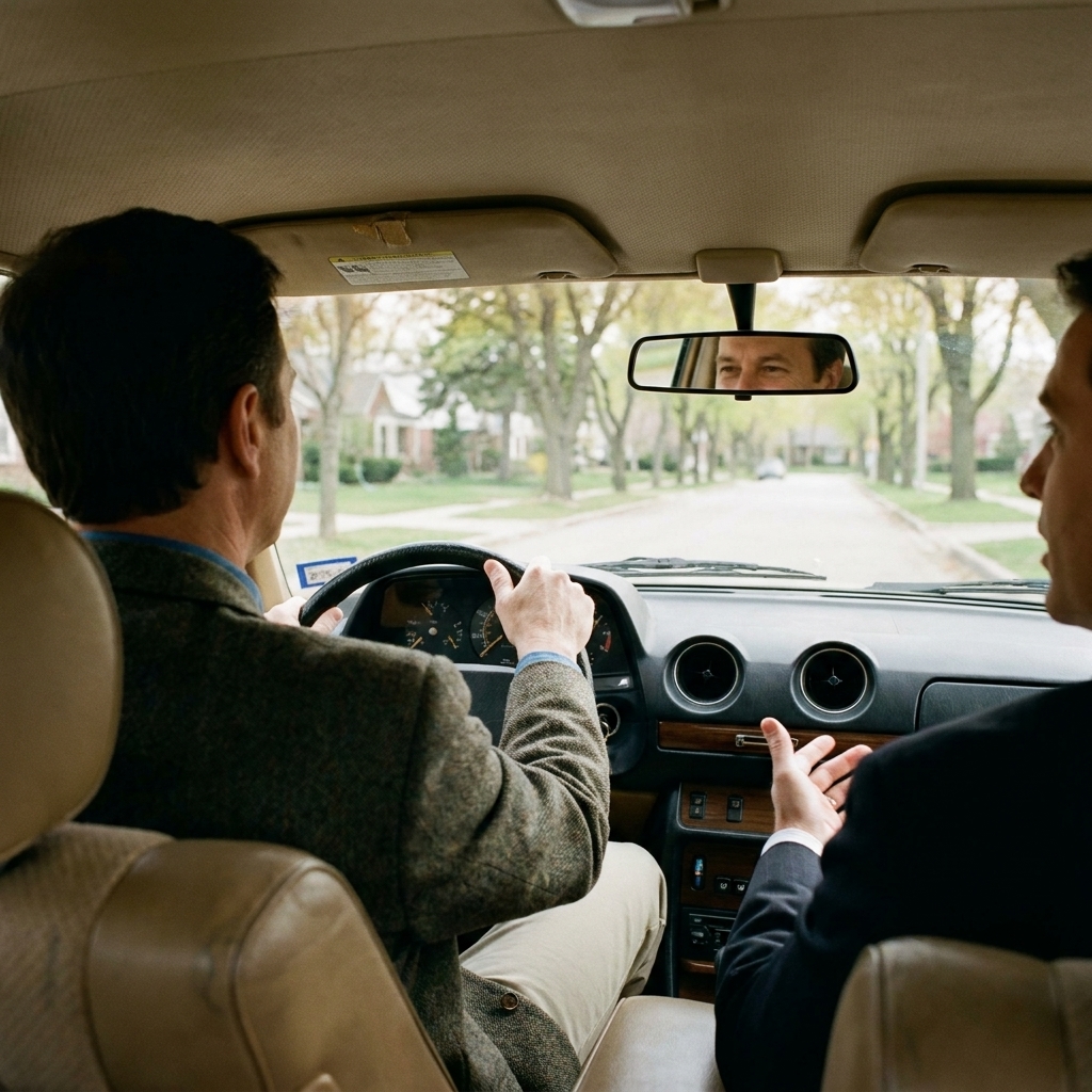 A driver test driving a used sedan on a quiet suburban street in daylight, viewed from the back seat