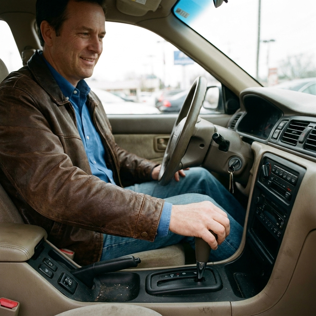 A driver’s hand moving an automatic gear selector from park to drive during a used car test drive