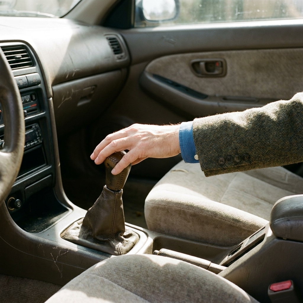 A driver’s hand resting on a manual transmission gear shifter inside a used car