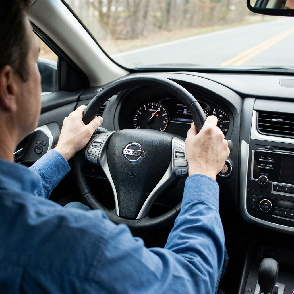 A driver’s view of a Nissan sedan interior during a road test, with hands on the steering wheel and the tachometer visible as the car accelerates