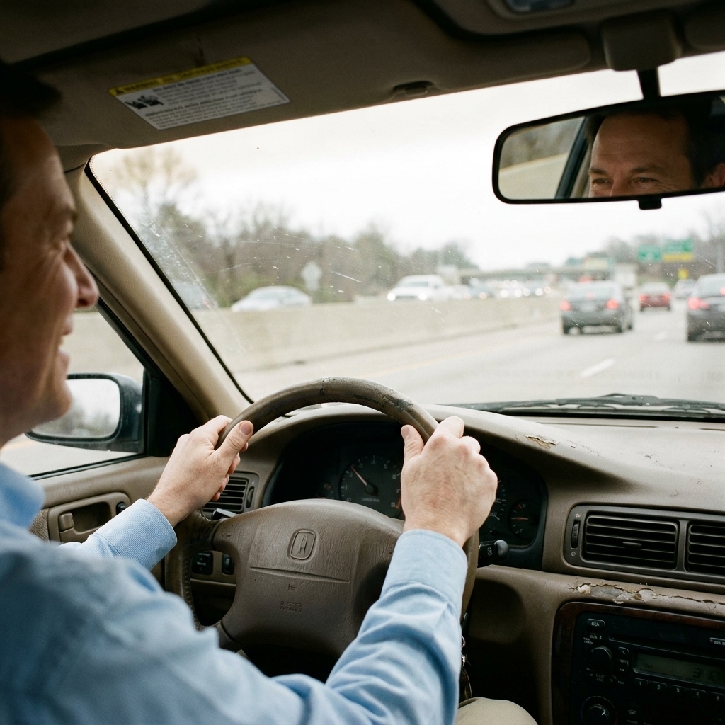 A driver’s view through the windshield of a used car merging onto a highway on-ramp during a test drive, hands steady on the steering wheel