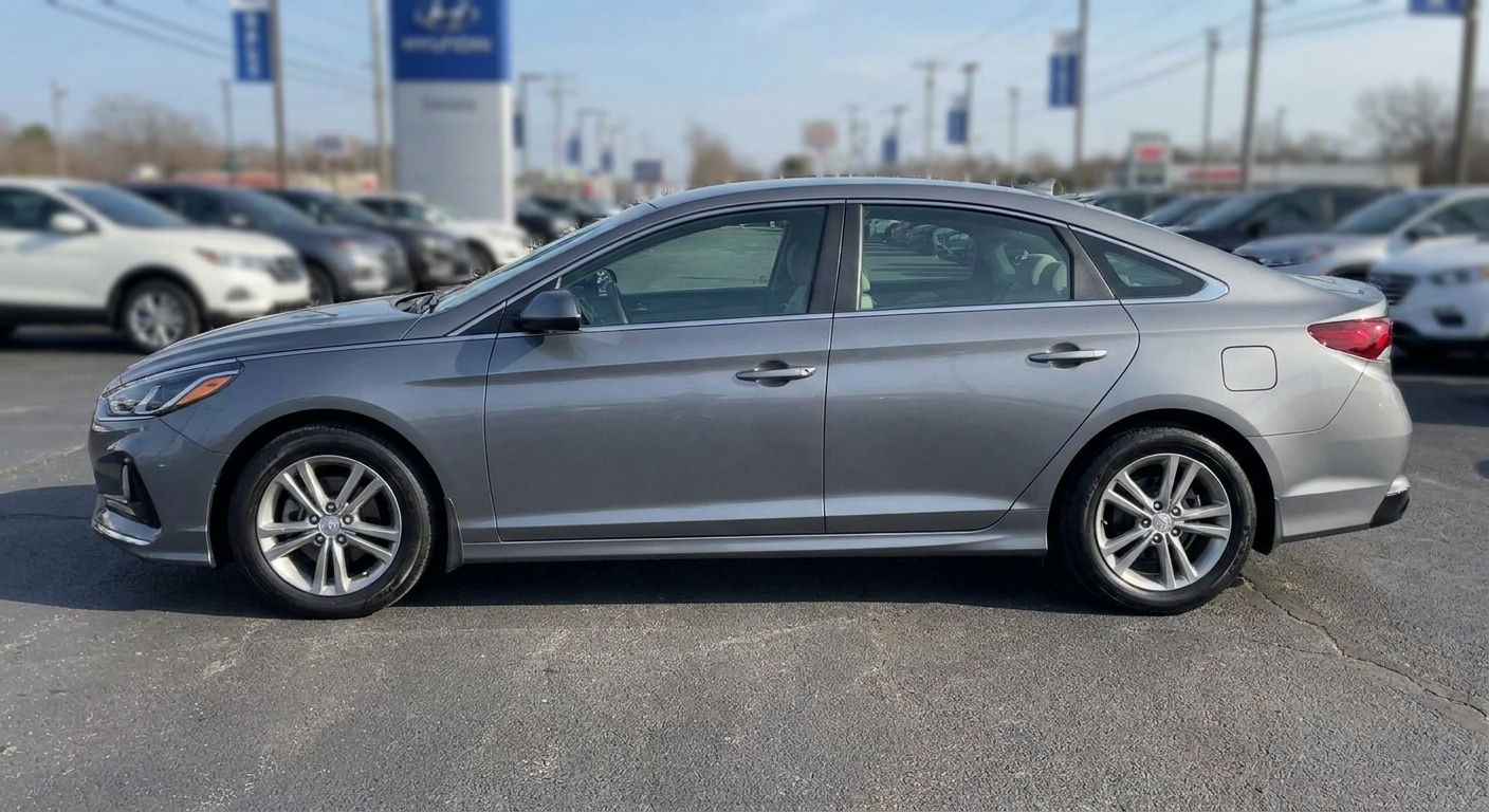 A gray Hyundai Sonata parked in a dealership lot, side profile with other cars blurred behind it