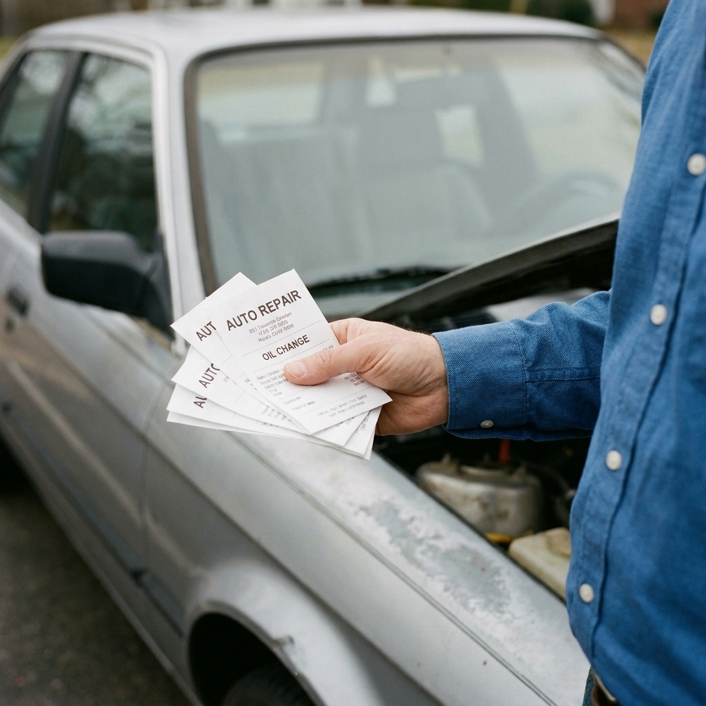 A hand holding a small stack of auto repair receipts over the hood of a parked used car in natural daylight