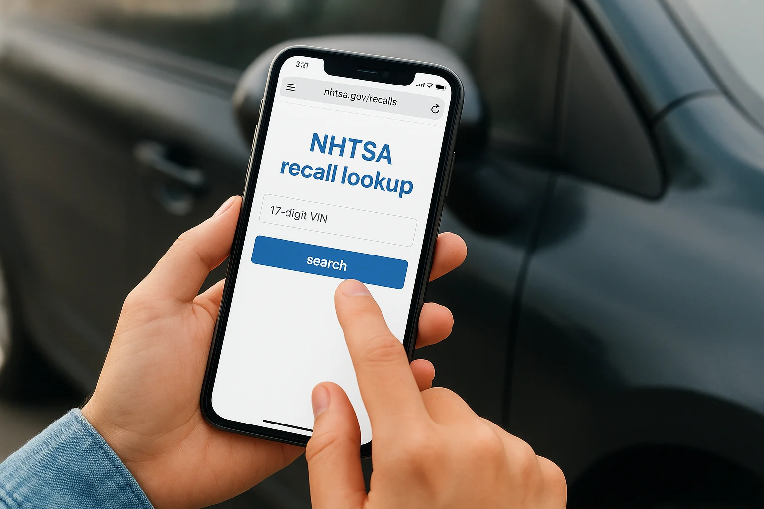 A hand holding a vehicle registration card with the VIN visible while a laptop displays a recall lookup webpage