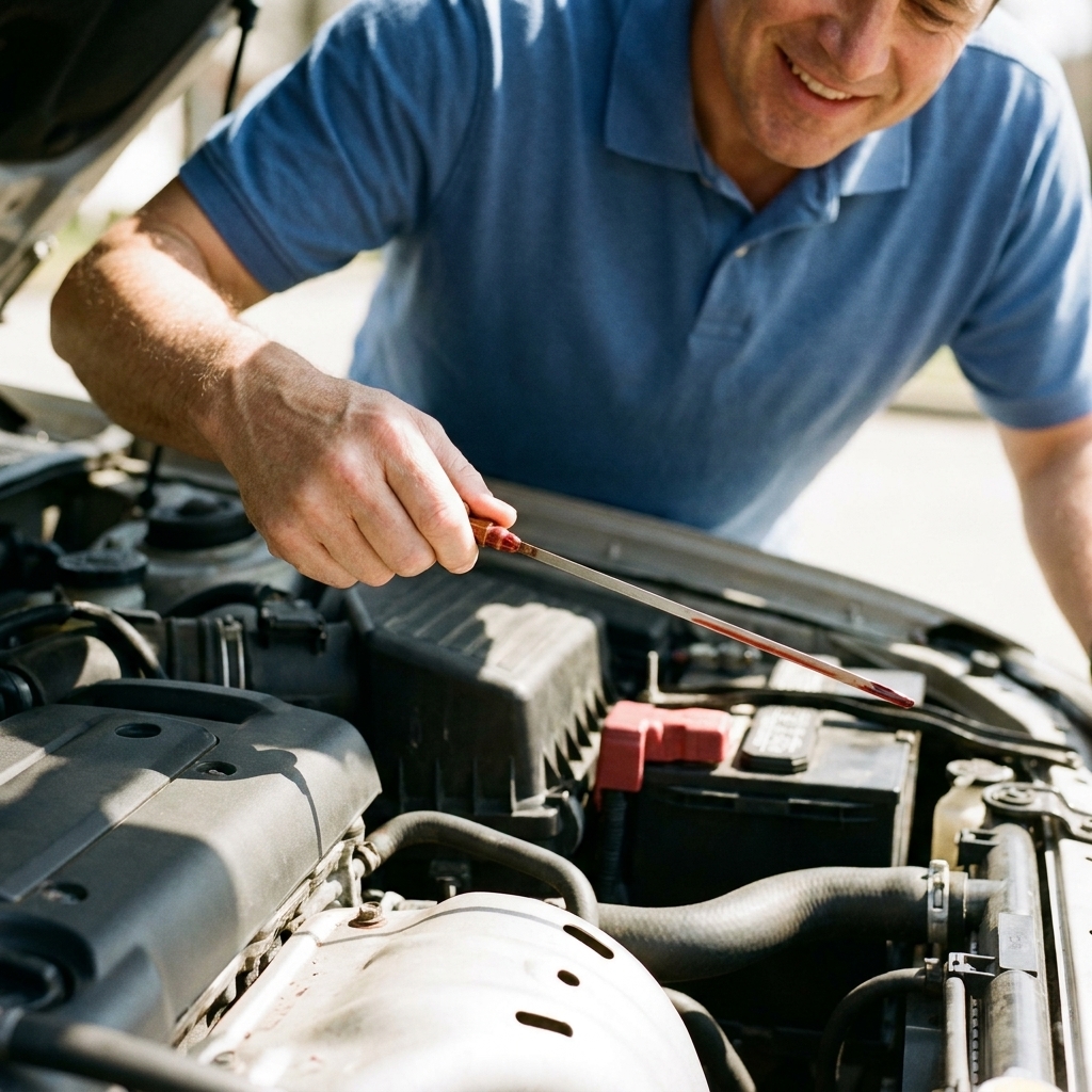 A hand holding an automatic transmission dipstick with reddish fluid visible on the end in a sunlit engine bay