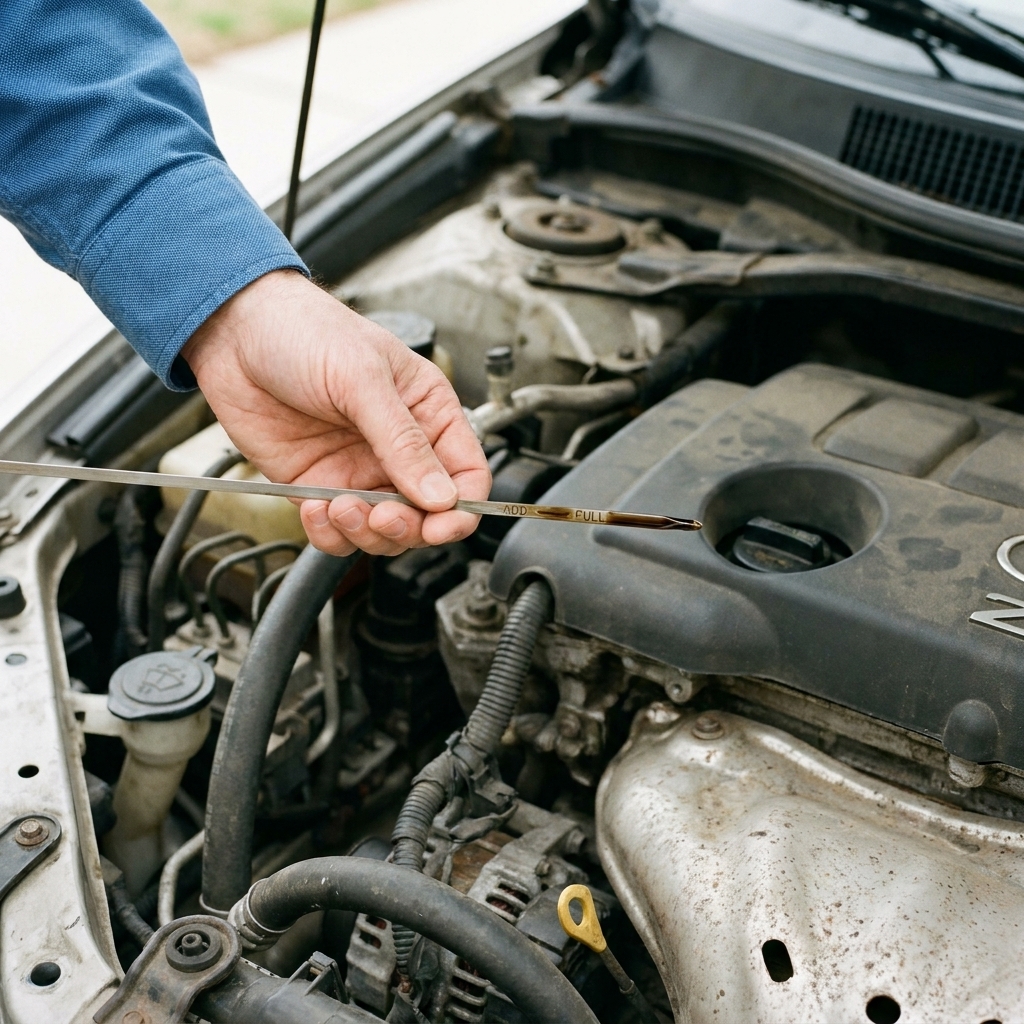 A hand pulling an engine oil dipstick in a used car engine bay, with the dipstick tip visible and oil level marks in view