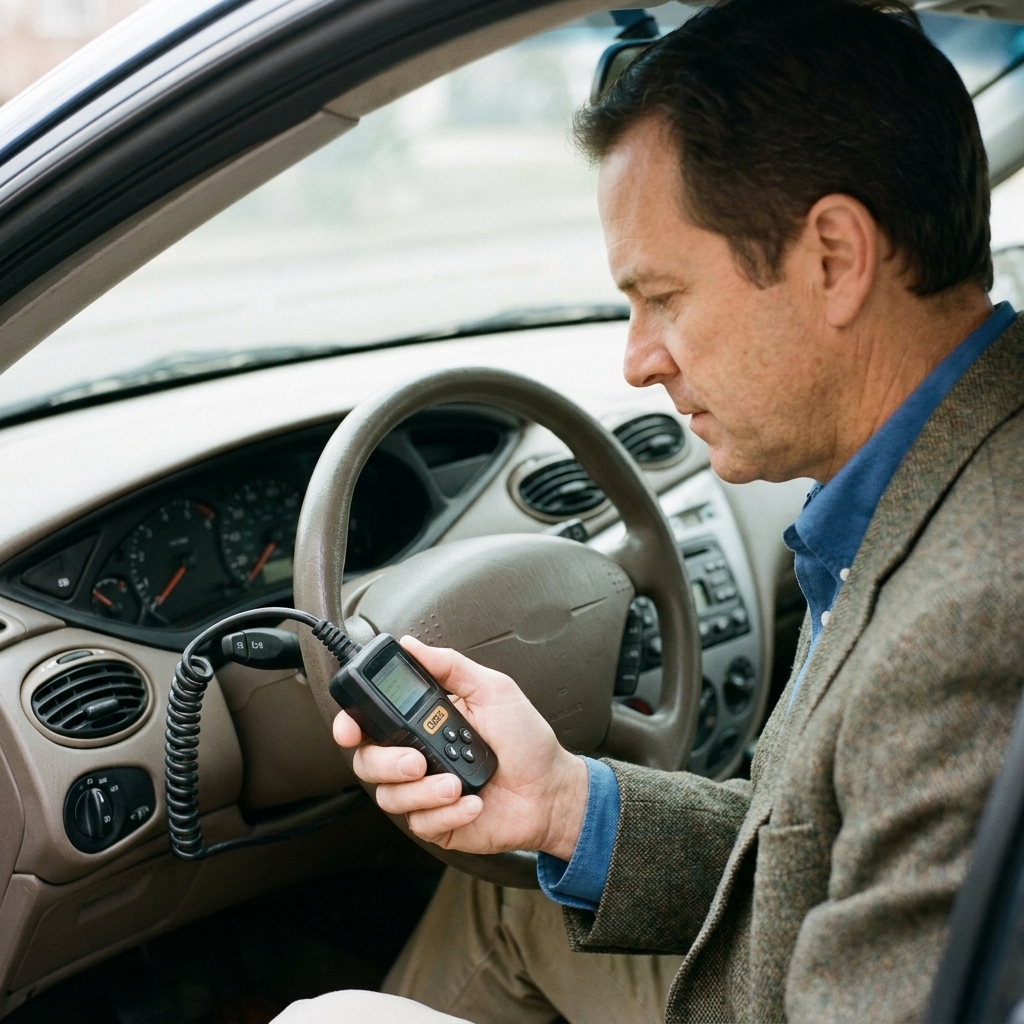 A handheld OBD2 code reader with a coiled cable being held next to a car steering wheel during a used car inspection
