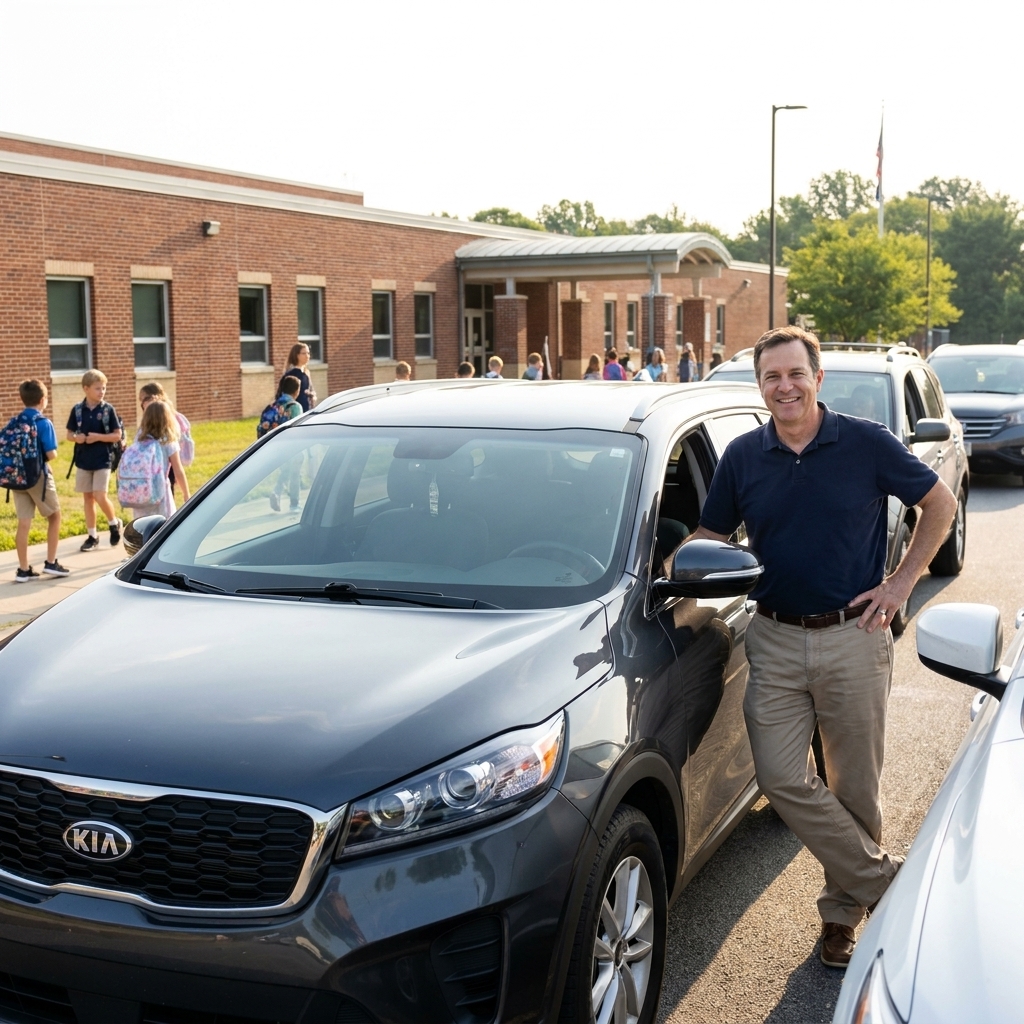 A late-model used Kia Sorento parked near a school pickup area in daylight.