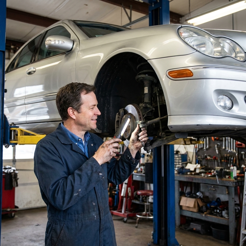 A mechanic inspecting a Mercedes C-Class front suspension on a lift, with the wheel removed and control arms visible in a real workshop