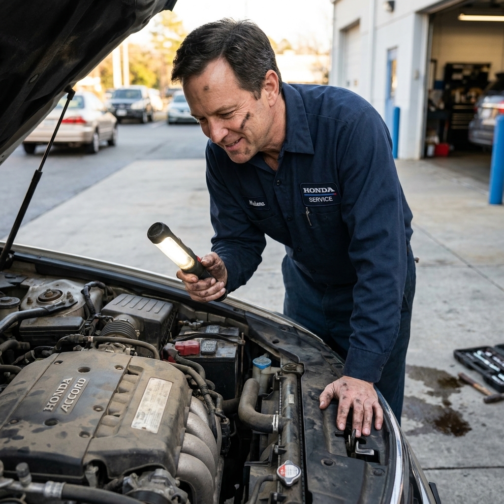 A mechanic inspecting a used Honda Accord engine bay with a flashlight in a service driveway