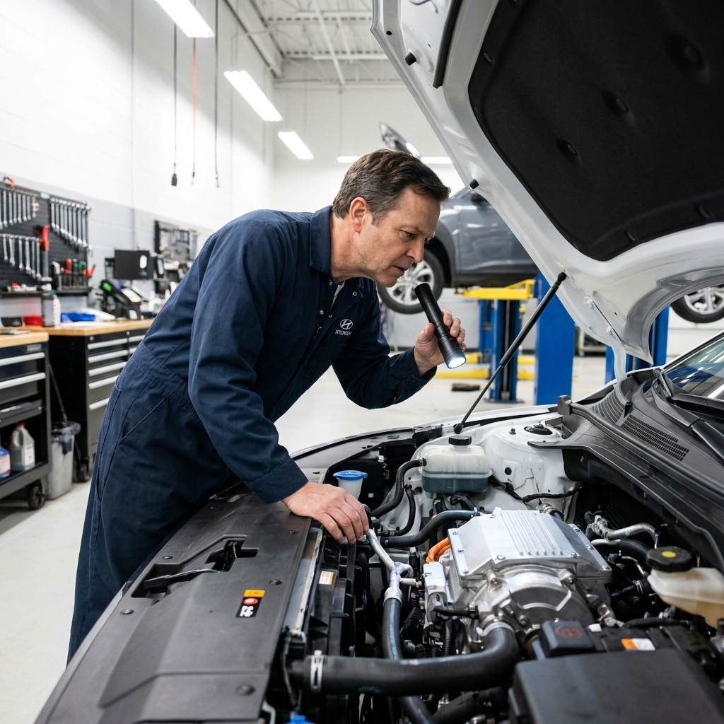 A mechanic inspecting the front service area of a Hyundai Ioniq 5 with the hood open, focusing on cooling system components in a clean workshop