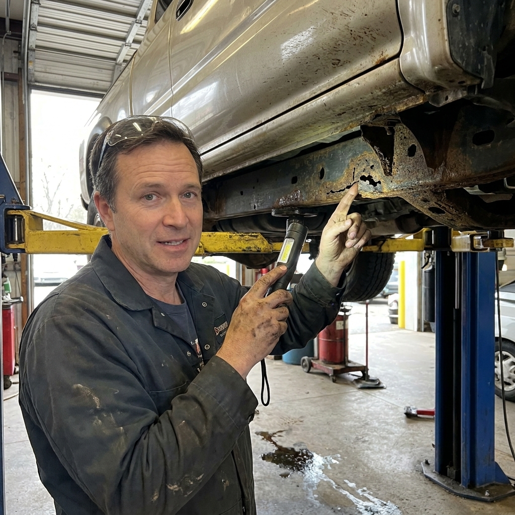 A mechanic inspecting the underside frame rail of a used Toyota Tacoma on a vehicle lift, focusing on rust and corrosion