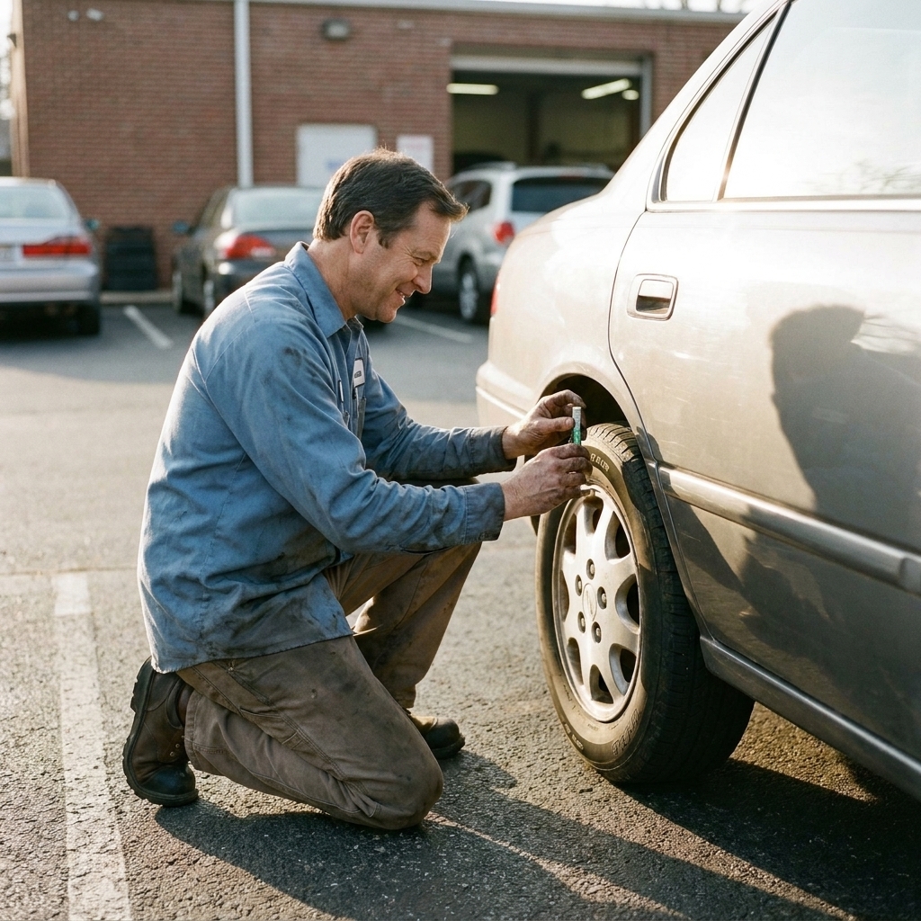 A mechanic kneeling beside a used car in a parking lot while checking tire tread depth with a gauge, sunlight reflecting off the car door