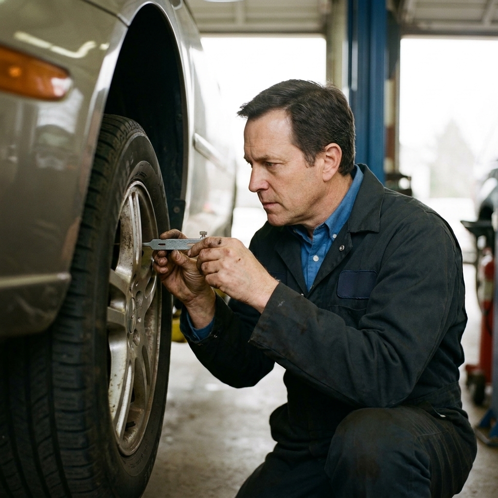 A mechanic measuring brake pad thickness through a wheel opening on a used car during an inspection