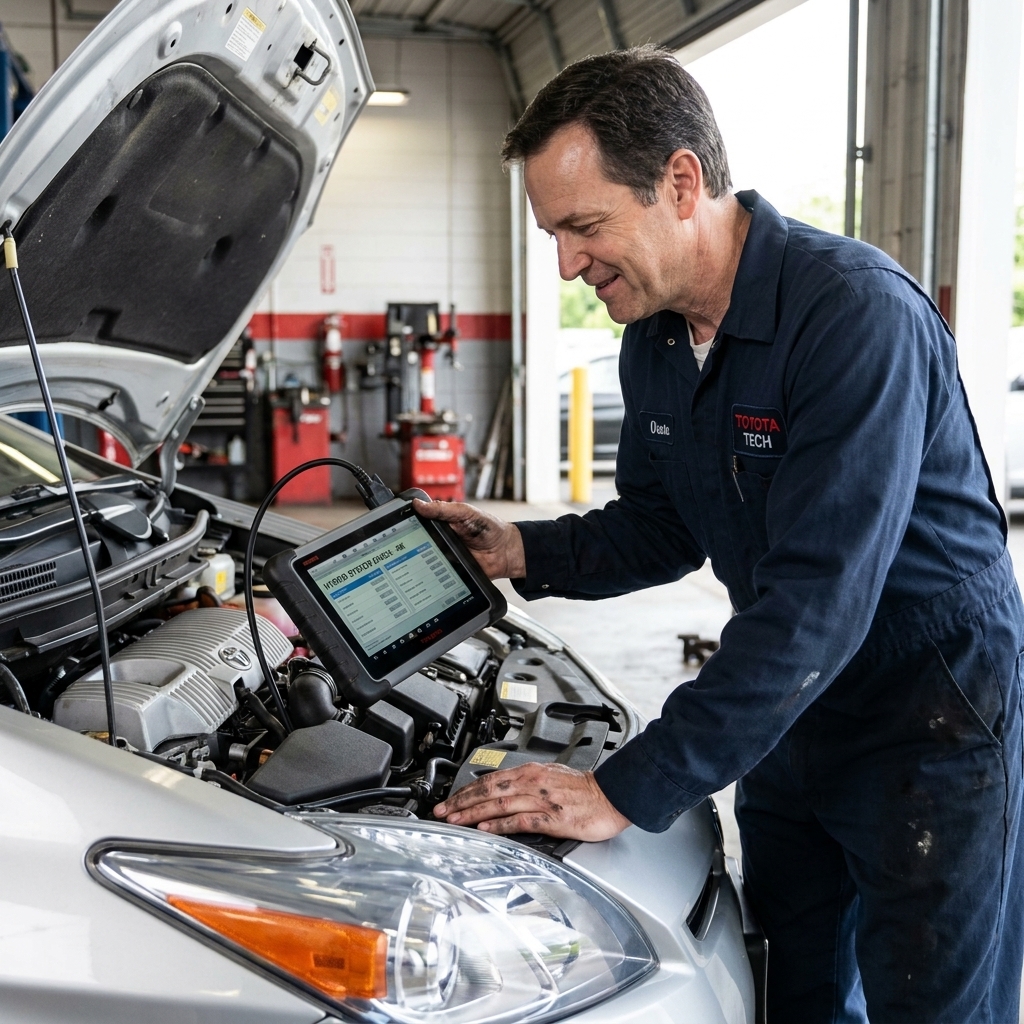 A mechanic performing a diagnostic scan on a Toyota Prius with the hood open, showing a scan tool connected during a hybrid system check