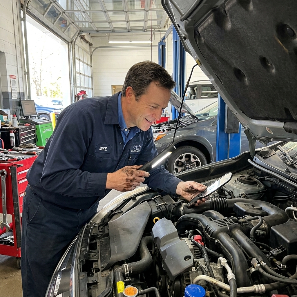 A mechanic performing a pre-purchase inspection under the hood of a used compact SUV in a service bay