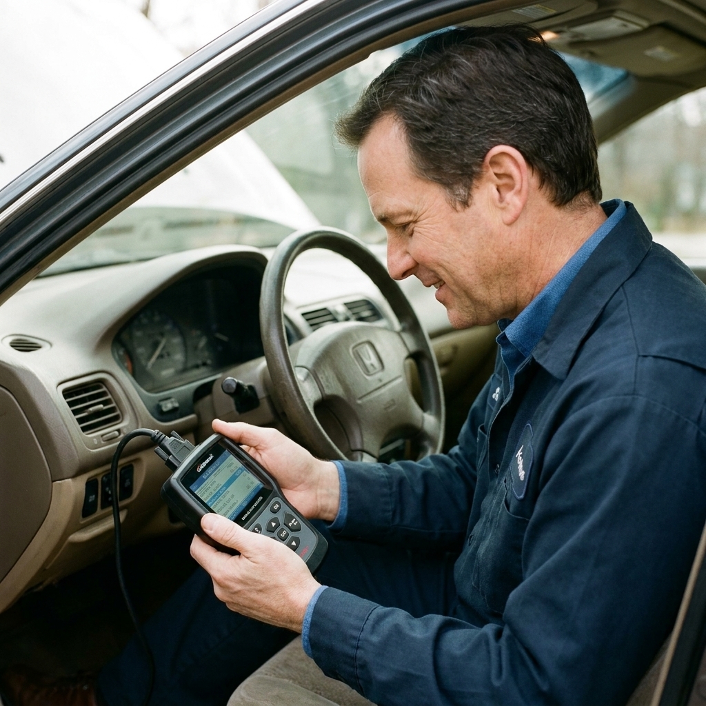 A mechanic sitting in the driver seat of a used car with an OBD-II scan tool connected, reviewing diagnostic data on a handheld screen