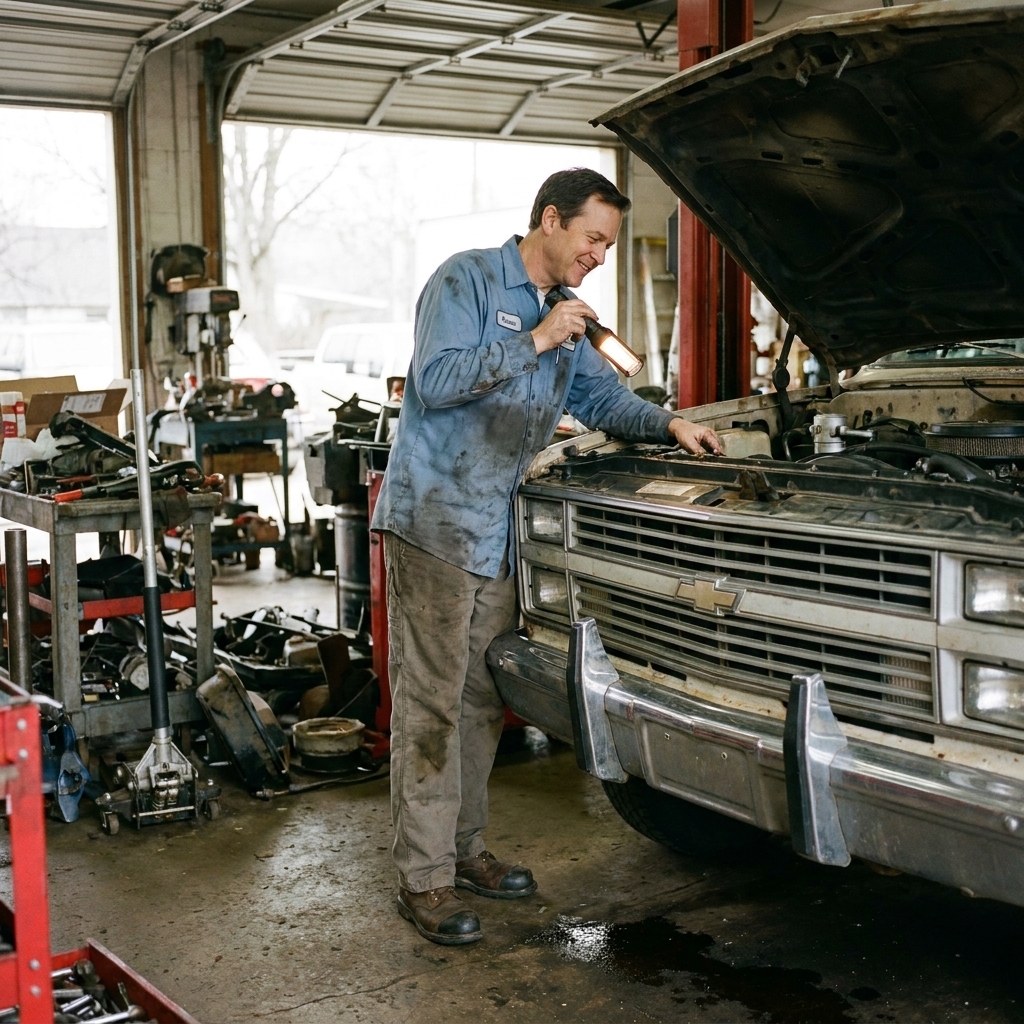 A mechanic standing in a small independent auto shop garage next to a well-used pickup truck, holding a flashlight and wearing work clothes