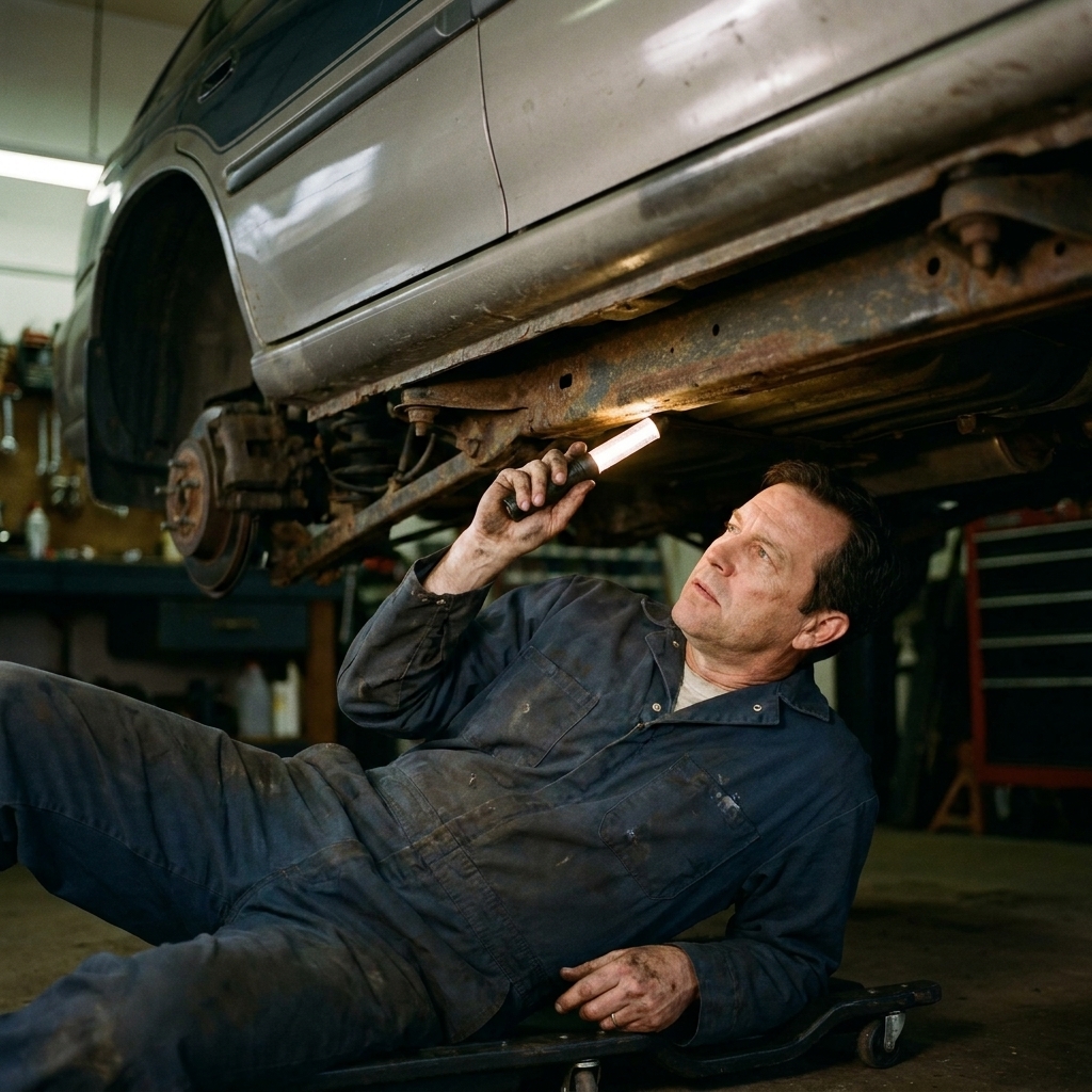 A mechanic under a lifted used car shining a flashlight along the frame rails and suspension components to check for rust and damage