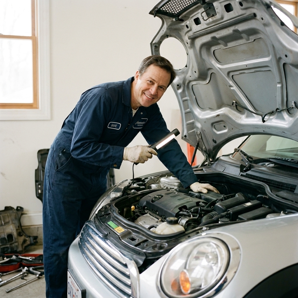 A mechanic using a flashlight to inspect the engine bay of a compact car during a pre-purchase inspection in a garage