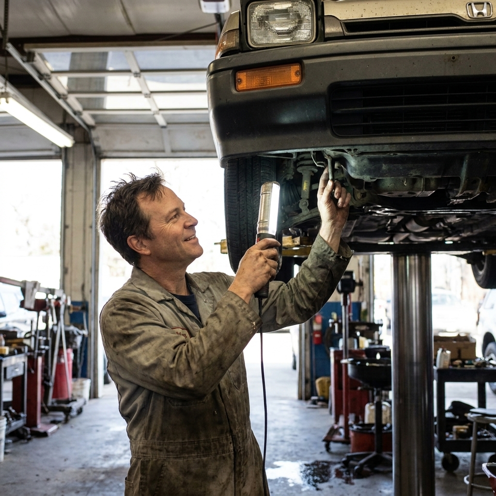 A mechanic using a flashlight to inspect the underside of a used car on a lift inside an independent auto repair shop