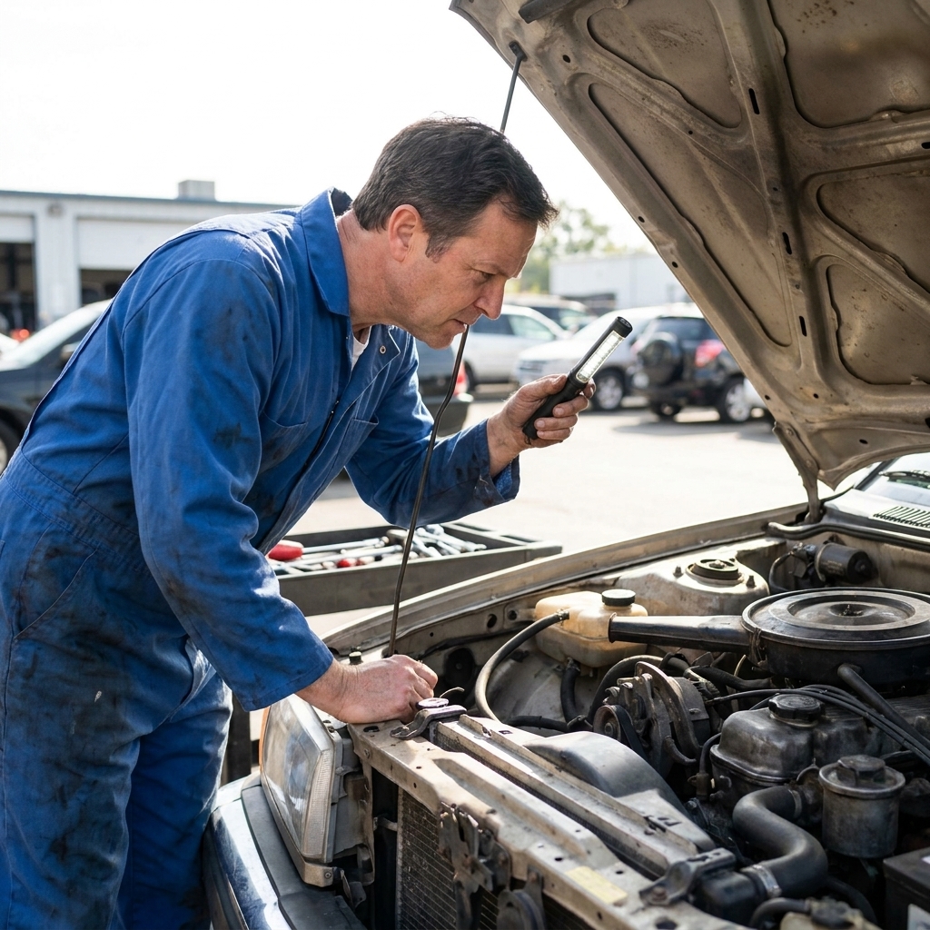 A mechanic using a flashlight while inspecting a used car’s engine bay with the hood open in daylight
