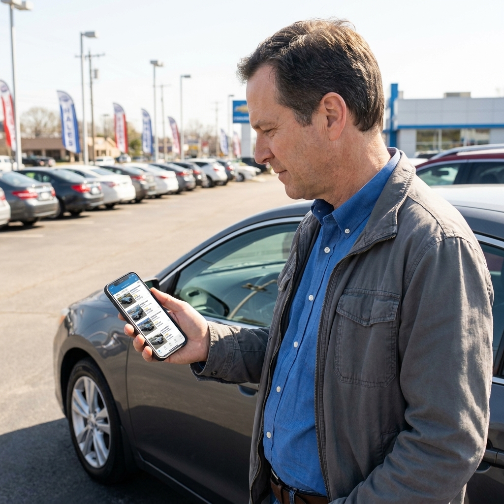 A person holding a smartphone showing multiple used car listings while standing beside a parked sedan on a dealership lot