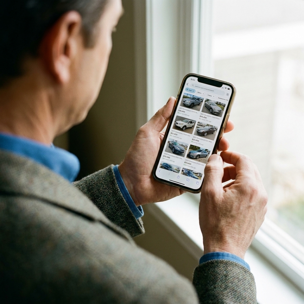 A person holding a smartphone while viewing a grid of used car listings on a large online marketplace website, photographed over the shoulder