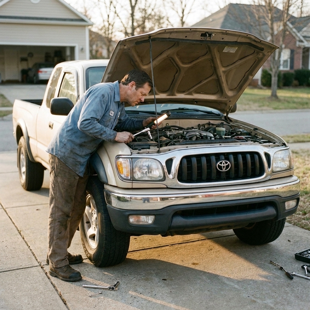 A person leaning over the open hood of a 2004 Toyota Tacoma in a driveway, holding a socket wrench while inspecting the engine bay