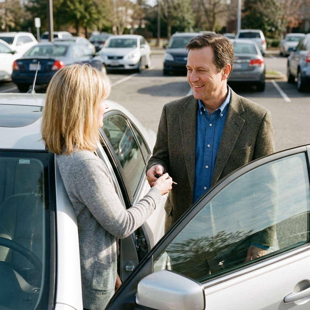 A private car seller standing near a parked vehicle in a public parking lot while a buyer prepares to test drive the car
