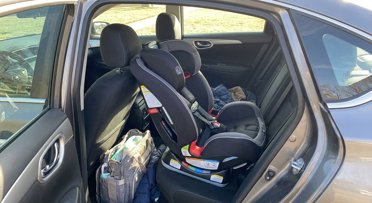 A rear facing convertible car seat installed behind the front passenger seat in a midsize sedan with the front seat adjusted for an adult