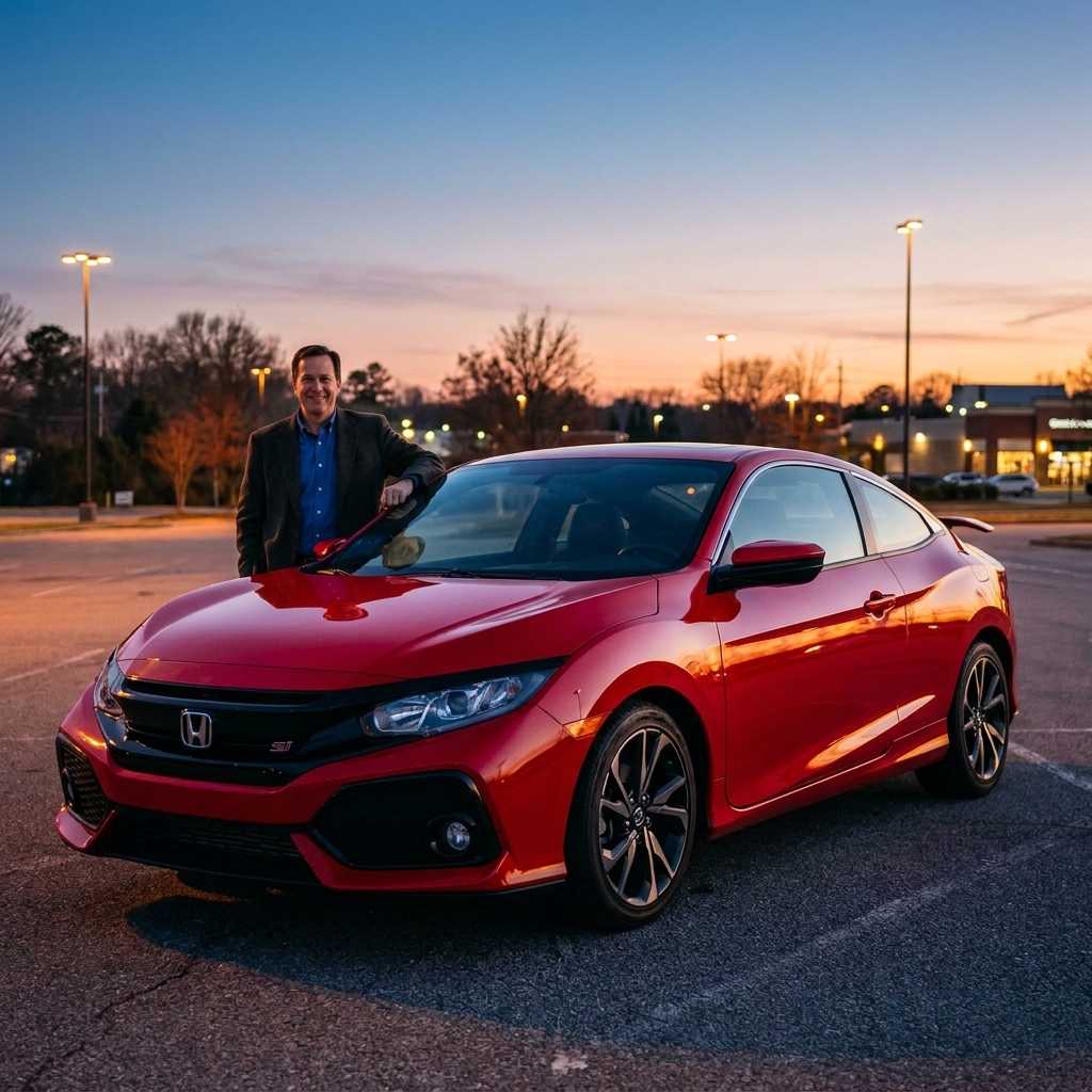 A red 2018 Honda Civic Si coupe parked in a lot at dusk, viewed from the front three-quarter angle