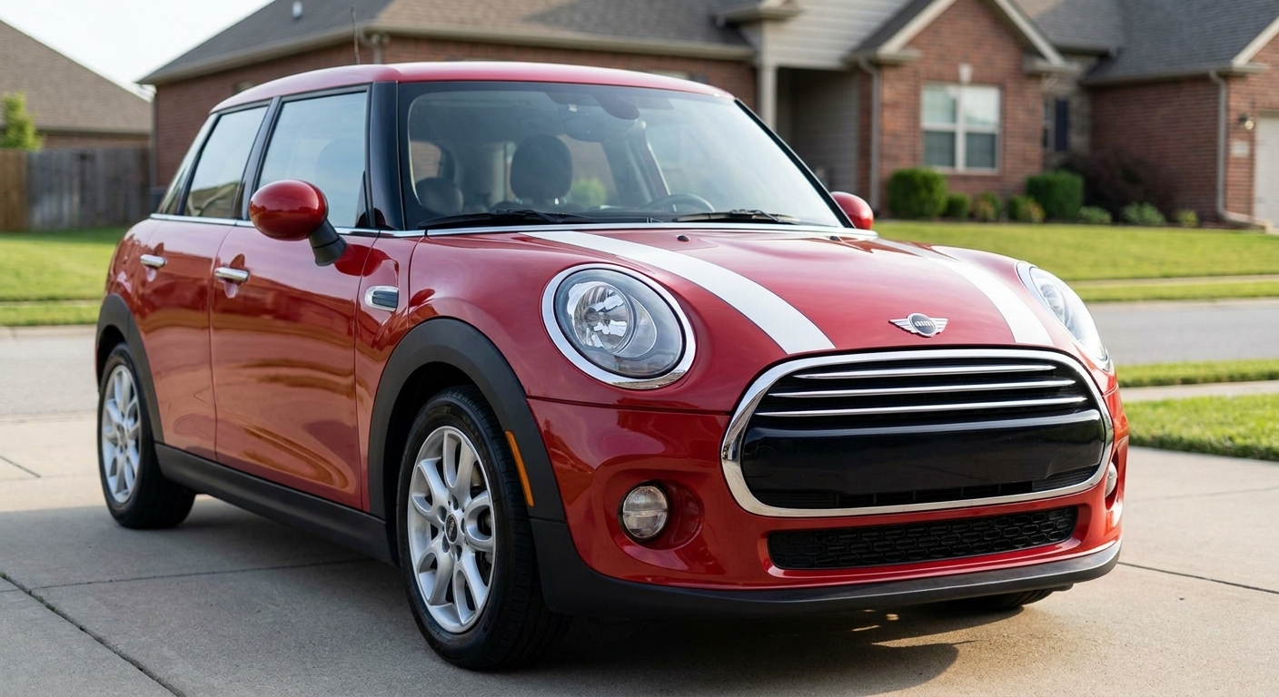 A red Mini Cooper hatchback parked in a driveway, close front three-quarter view