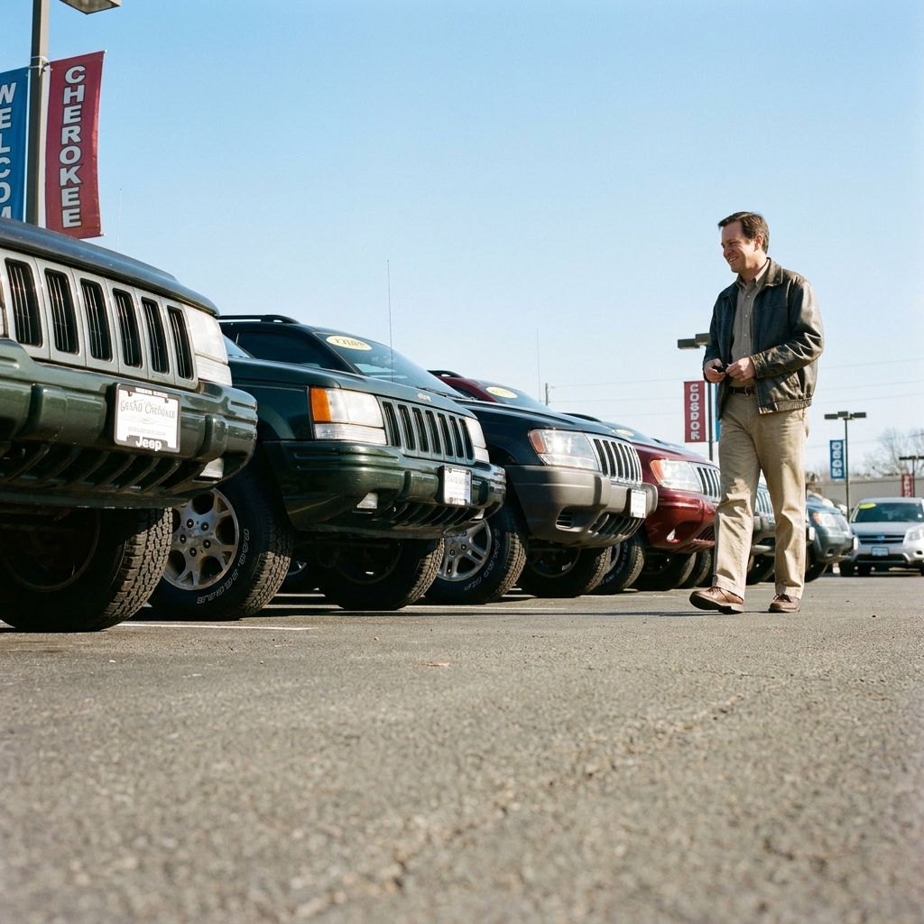 A row of used Jeep Grand Cherokee SUVs parked on an outdoor dealership lot on a clear day, viewed from a low angle