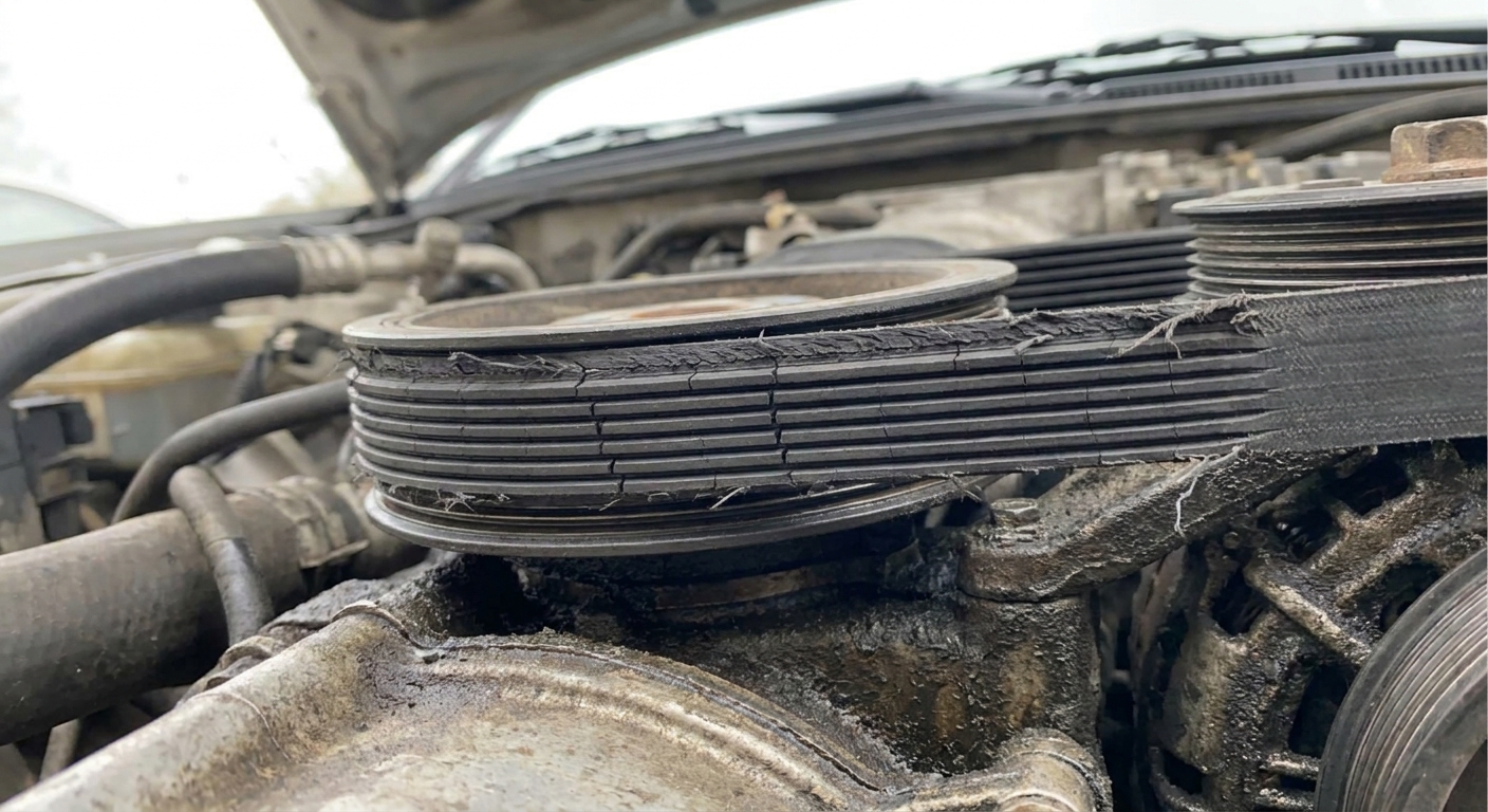 A serpentine belt in a used car engine bay showing visible cracking on the ribbed side and slight fraying on the edge