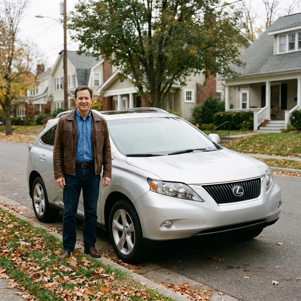 A silver 2011 Lexus RX 350 parked curbside on a quiet street, clean paint and factory wheels visible