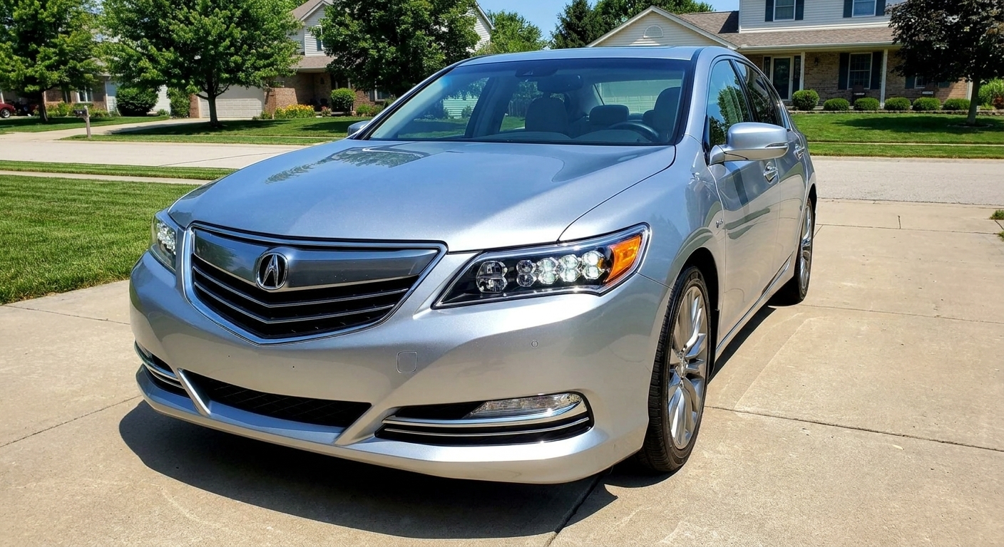 A silver Acura RLX parked in a residential driveway on a clear day, showing the grille and LED headlights