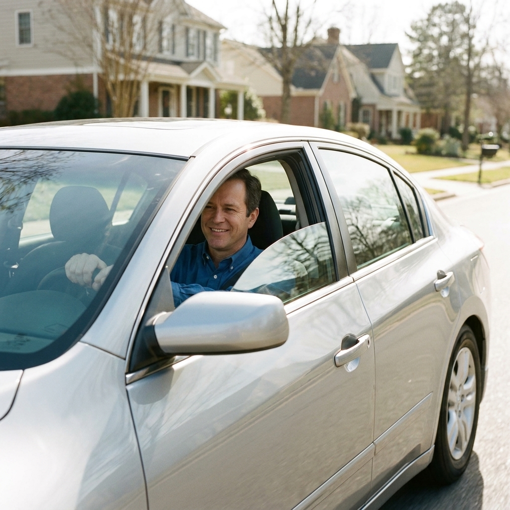 A silver Nissan Altima being test driven on a suburban road in daylight, viewed from outside with the driver visible through the side window