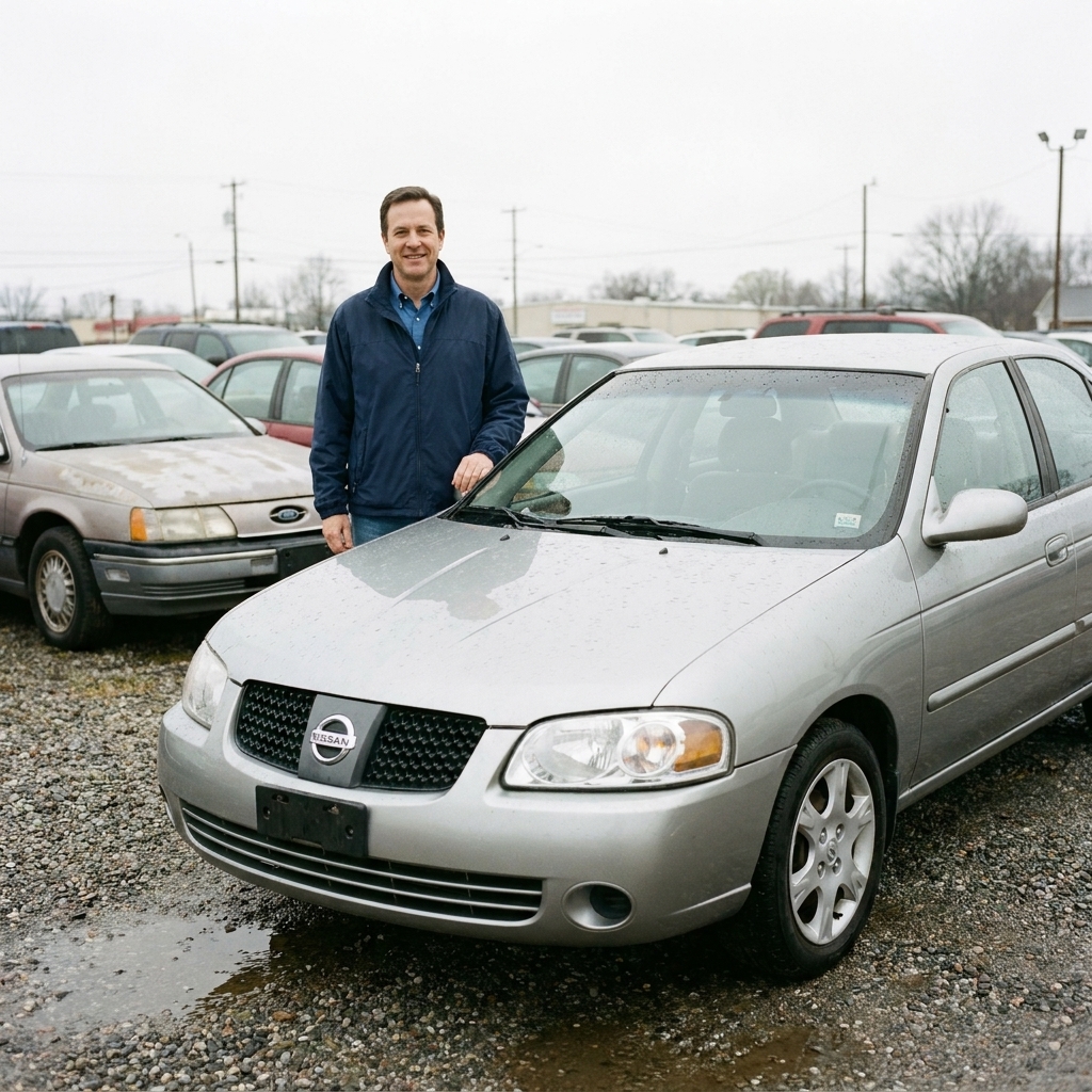 A silver Nissan Sentra parked in a used car lot on an overcast day, front three-quarter view