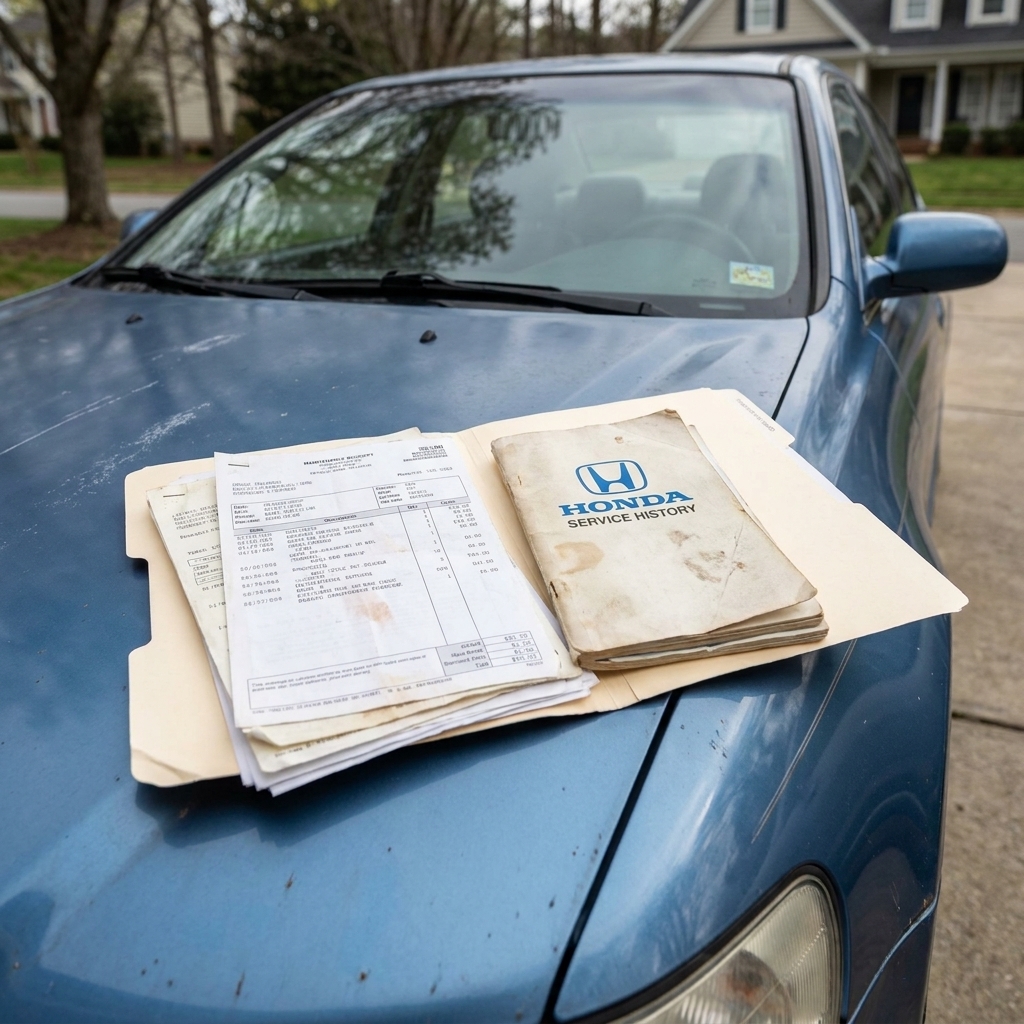 A stack of printed maintenance receipts and a service booklet in a folder on the hood of a used car in a driveway