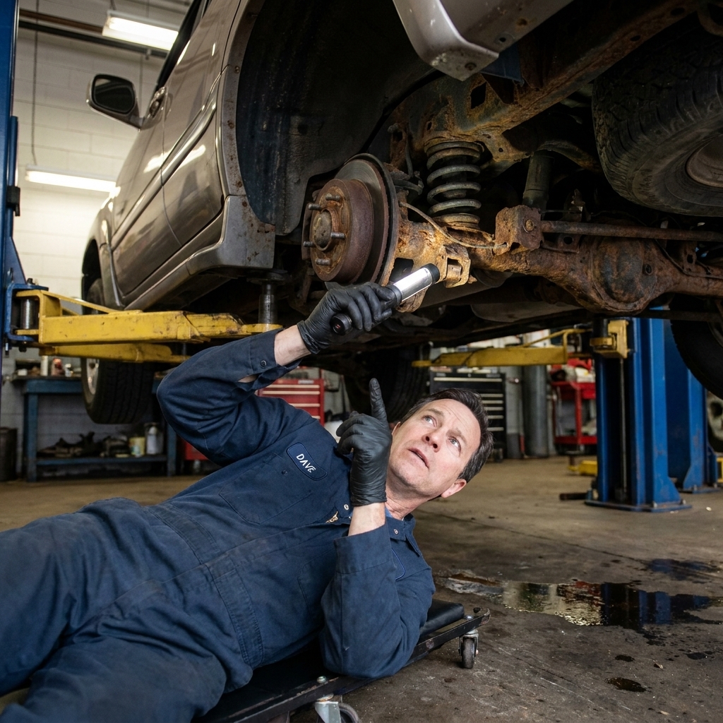 A technician examining rust on a vehicle undercarriage while the car is raised on a lift