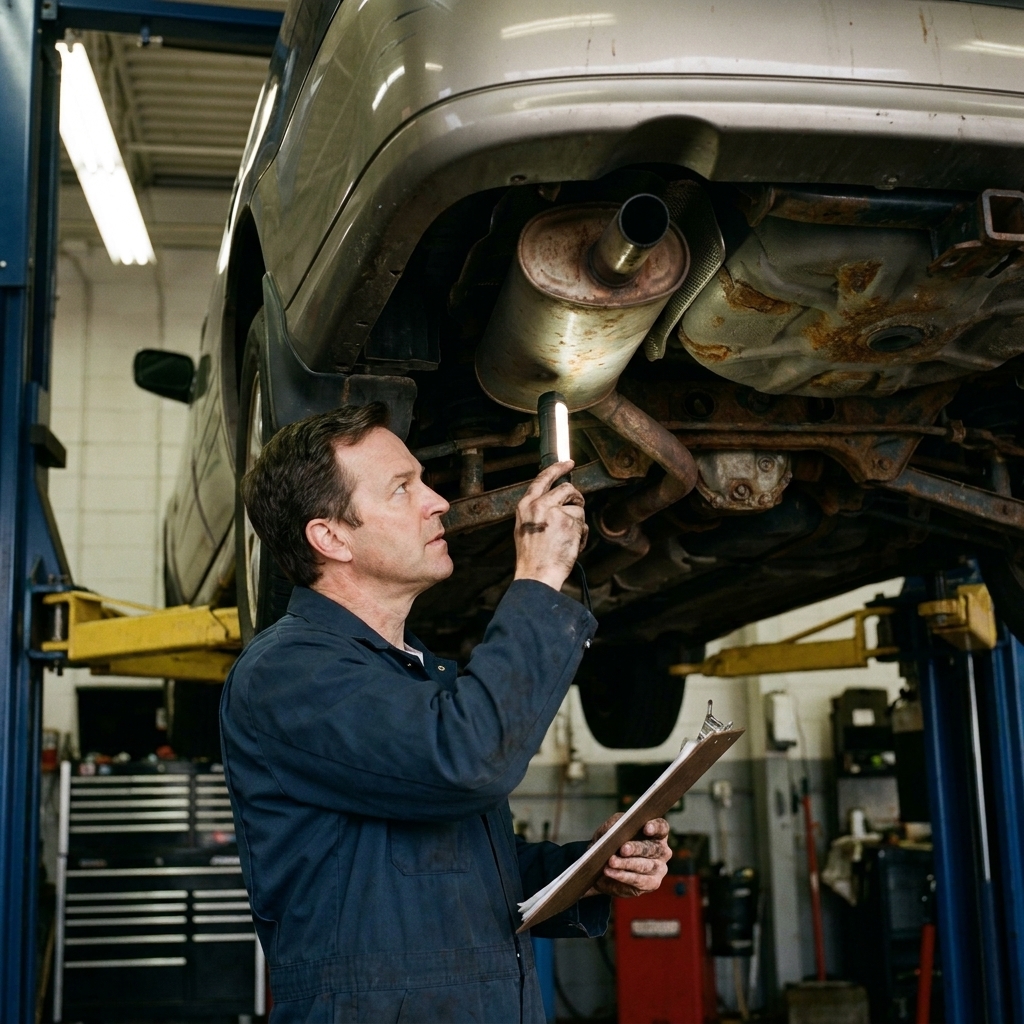 A technician in a service bay inspecting the underside of a used car on a lift with shop lights overhead