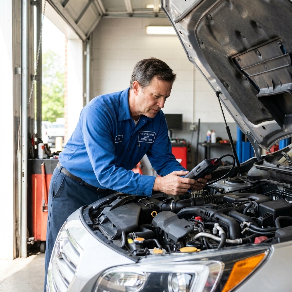 A technician in a service bay performing a pre-purchase inspection on a used car with the hood open and a diagnostic scanner connected