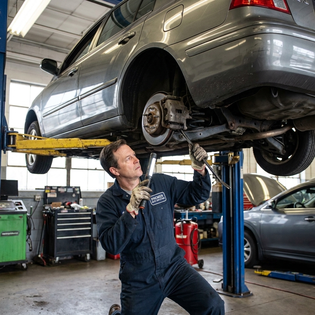 A technician performing a pre-purchase inspection with a used sedan raised on a hydraulic lift, checking suspension and brake components