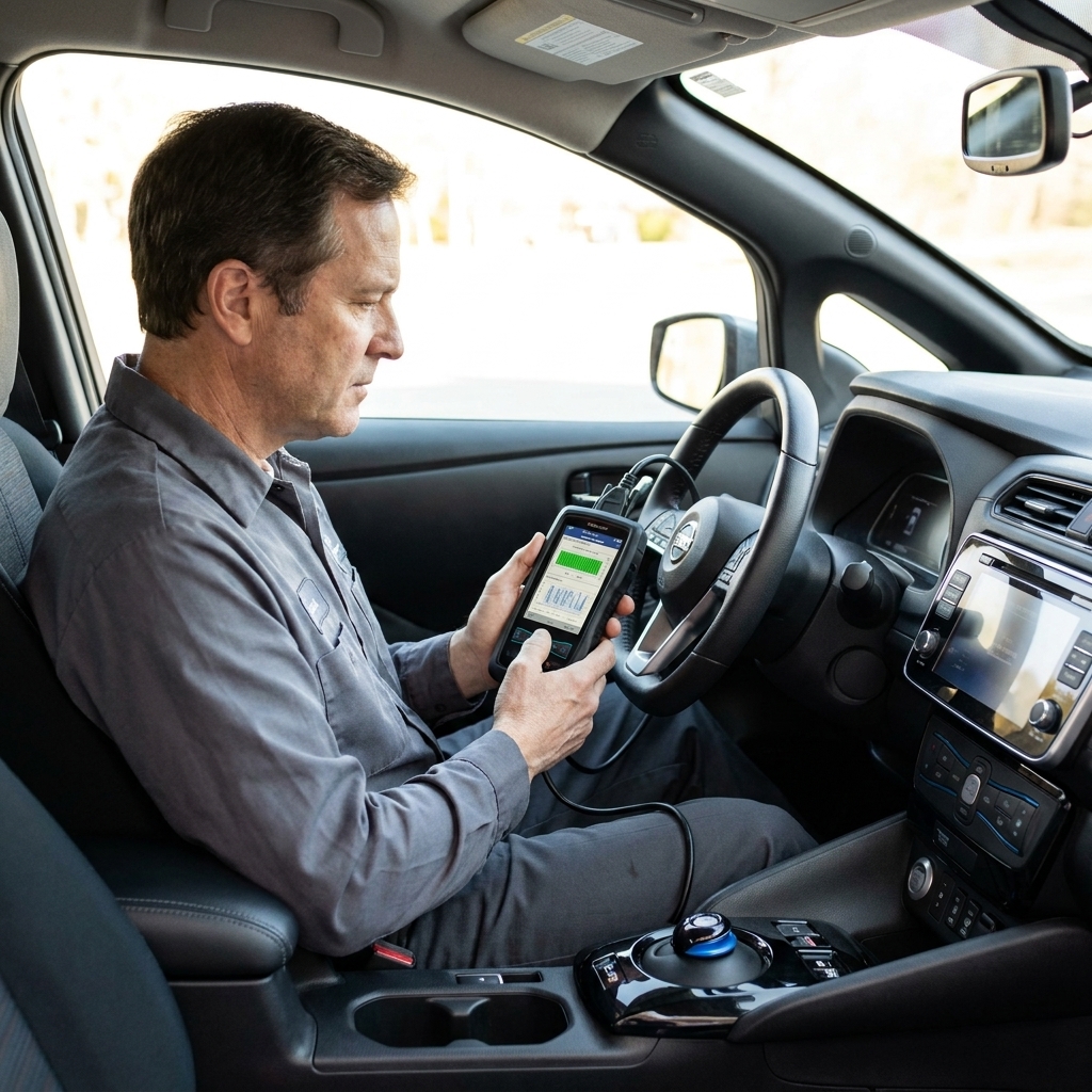 A technician sitting in the driver seat of a Nissan Leaf with an OBD scan tool connected, checking battery data on a handheld device