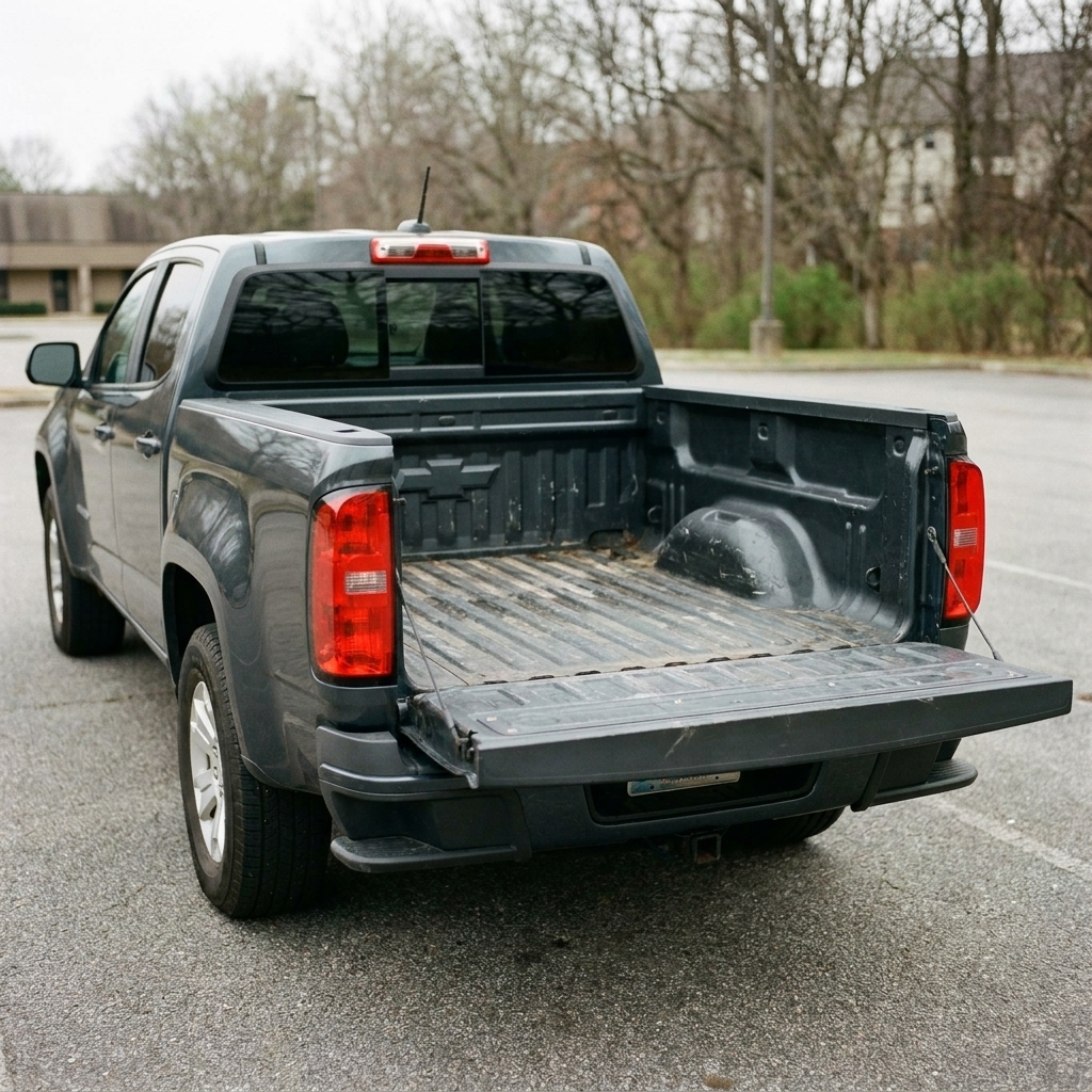 A used Chevrolet Colorado photographed from the rear three-quarter angle with the tailgate and bed visible, showing bed condition and tie-down points
